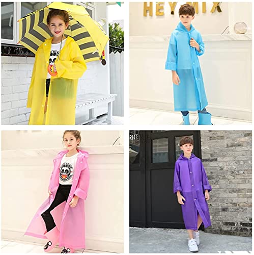 Kids Rain Poncho - Reusable EVA Raincoat with Hood, Pink+Purple