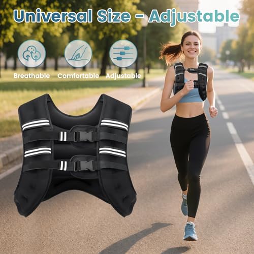 20 lb Weighted Vest for Men & Women - Black, Reflective Stripes, Adjustable Fit