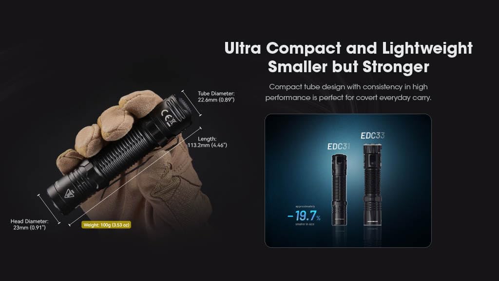 Nitecore EDC31 3500 Lumen EDC Flashlight, USB-C Rechargeable, Compact, High Lumen with Clip, Lanyyard, Sliding Lock Switch Sticker