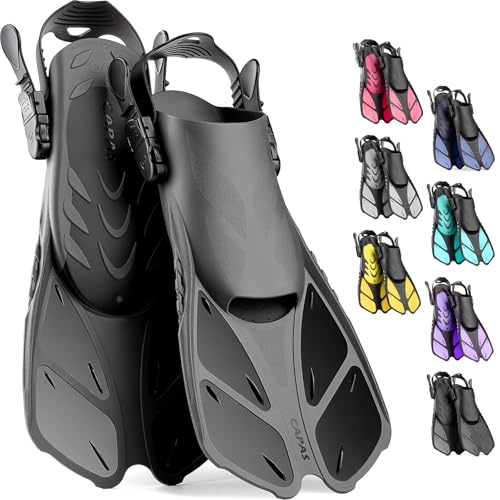 Travel Size Snorkel Fins - Adjustable Lightweight Short Flippers - Black L/XL