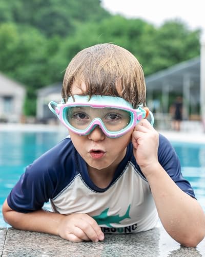 Kids Swim Goggles for 3-14 Years - Pink Green, Anti-Fog, UV Protection, No Leak, Wide View, Seasprint