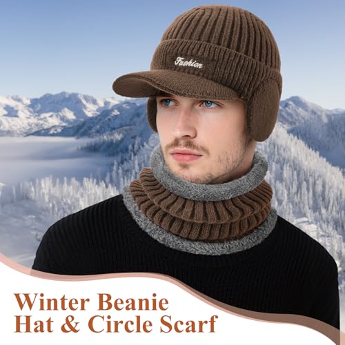 Winter Beanie Hat Set with Brim & Ear Flaps - Coffee Color