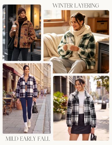 Grace Karin Women's Green Plaid Sherpa Fleece Jacket with Pockets Medium