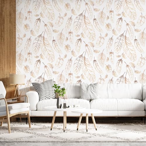 Feather Peel and Stick Wallpaper 17.3"¡¿120" Gold White Contact Paper Modern Feather Wallpaper Self-Adhesive Vinyl Wall Paper Waterproof Contact Papers Shelf Drawer Liner Roll for Bedroom Living Room