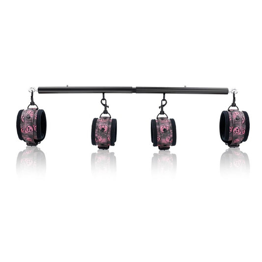 Spreader Bar Heavy Duty Stainless Steel Expandable Black Bar Home Gym with 4pcs PU Black-Pink Adjustable Strap,Sports Aid Training Fitness Gear Pilates Aid Kit,Indoor Yoga Set