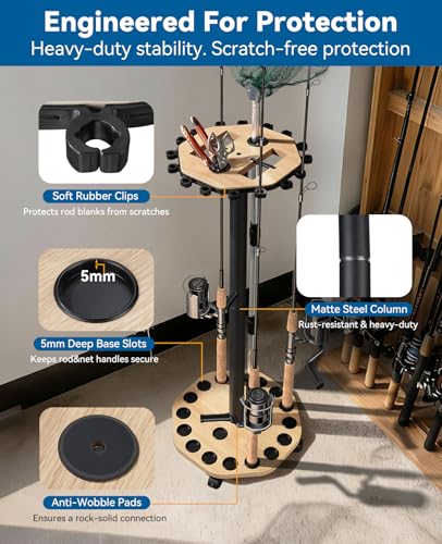 KEXMO Natural Wood Grain Fishing Rod Holder Rack with Wheels, 16-Rod Storage