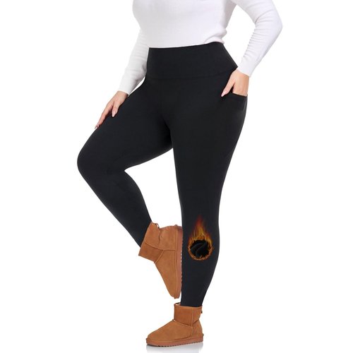 MOREFEEL Fleece Plus Size Leggings for Women with Pockets-Stretchy X-4XL Tummy Control High Waist Workout Warm Winter Yoga Pants