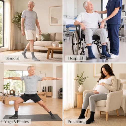 Artfasion Non-Slip Grip Socks for Men 9-11 Grey 4 Pairs Fall Prevention Hospital Seniors