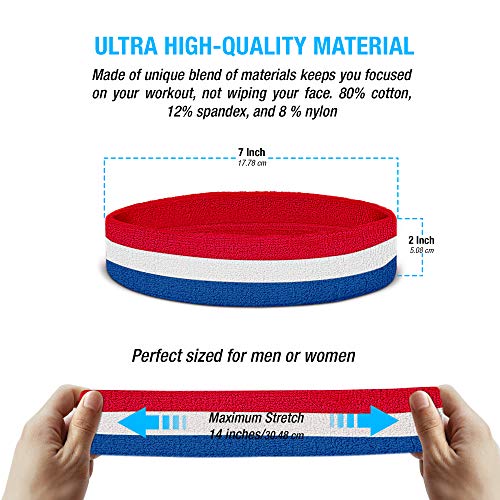 Athletic Sweatband Set - Moisture Wicking Headband & Wristbands, Red White and Blue
