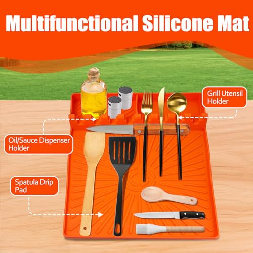 Large Silicone Grill Mat with Drip Pad - Orange, Heat Resistant & Non-Slip