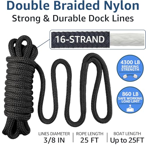 PACTHSD 4 Pack Dock Lines 3/8 x 25 ft Double Braided Nylon Boat Ropes with 12" Eyelet