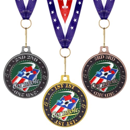 Loetere 3-Pack Metal Fusion Medals for Cornhole, Soccer, Sports Tournaments - 2-inch Award Ribbons Set, 1st 2nd 3rd Place Medals with Embossed Designs