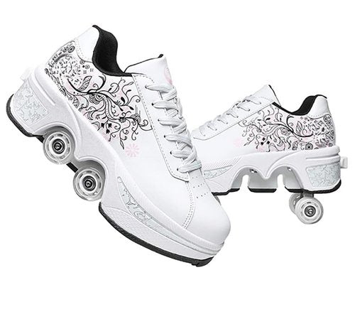 Roller Skate Shoes for Women, Double-Row Deform Quad Roller Skates, Automatic Walking Shoes Detachable Roller Skate, Shoes with Wheels for Girls Boys, Skating Shoes Unisex (White Flower, US 8)