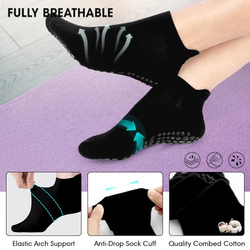 Non-Slip Pilates Grip Socks for Women - Ankle Yoga Socks - 3 Pairs Black