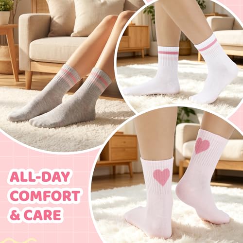 Girls Mid Calf Socks - 8 Pairs Heart & Striped, 9-12 Years