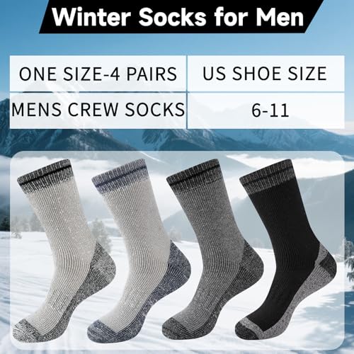 Thick Thermal Merino Wool Hiking Socks for Men - Black, 4 Pairs