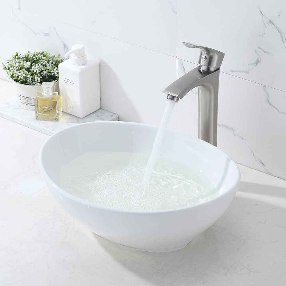 Oval Vessel Sink with Faucet and Drain Combo -Bokaiya 16x13 White Bathroom Sink Above Counter Oval Sink Porcelain Ceramic Vessel Sink Art Basin