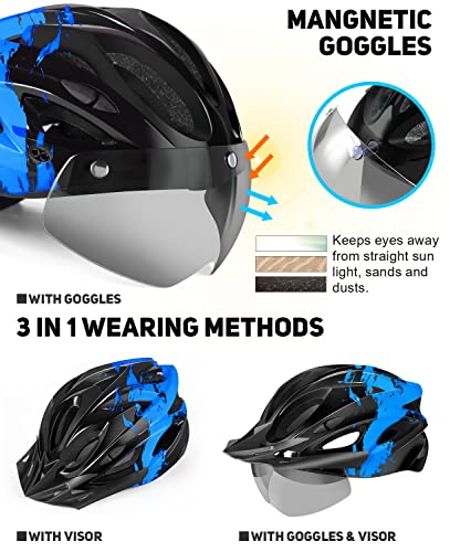 Tadpole Bike Helmet with Light & Goggles - Blue, Adult Unisex