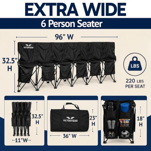 6-Seat Folding Soccer Bench - Portable Team Seating with Pockets