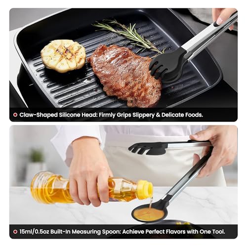 12-Inch 2-in-1 Cooking Tongs with Measuring Spoon - Round Head