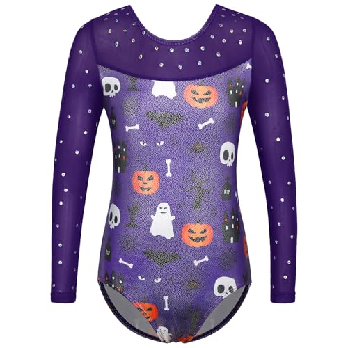Girls 3/4 Sleeve Gymnastics Leotard with Mesh & Sequins - Purple 3-4T