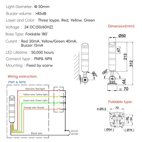 3-Layer Led Signal Tower Stack Lights, Industrial Signal Warning Lights, Column Tower Lamp with Rotatable Base Steady 24V DC/AC with Buzzer