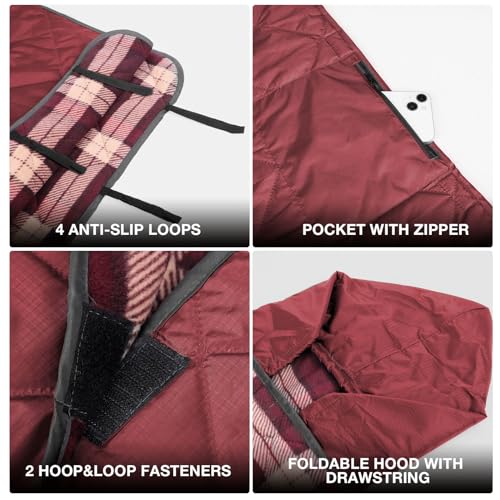 DUKUSEEK Waterproof Camping Blanket with Hood - Large Fleece Picnic Blanket for Outdoor, Stadium, Concerts, Car, Pet (Wine Red Plaid)