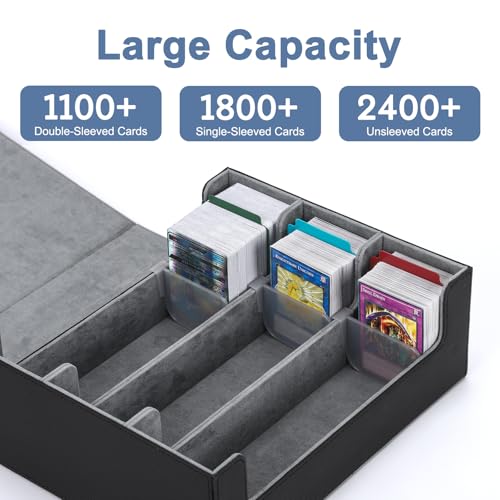 Ralout Black and Gray Card Deck Case for Trading Cards 1800+ Capacity, Magnetic Closure, Leather Storage Box for MTG YuGiOh Sports Cards