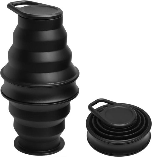 Collapsible Silicone Water Bottle - Lightweight, BPA-Free & Leakproof | 500ml (17oz) Foldable Travel Bottle - Durable Black with Carabiner