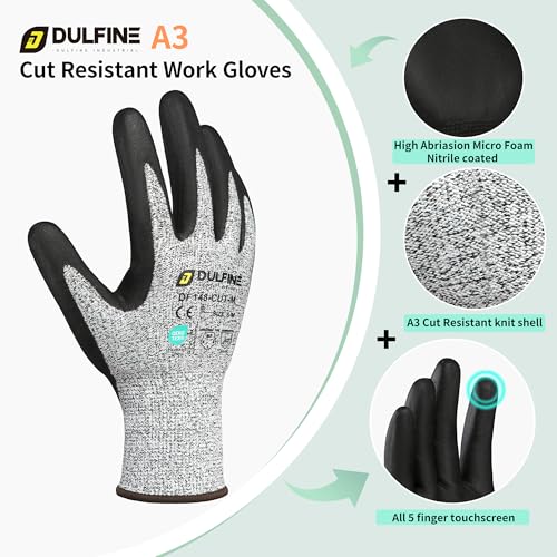 DULFINE A3 Cut Resistant Work Gloves for Men Women,Touchscreen Foam Nitrile Coated,12 Pairs Pack,Ideal for,Glass Cutting
