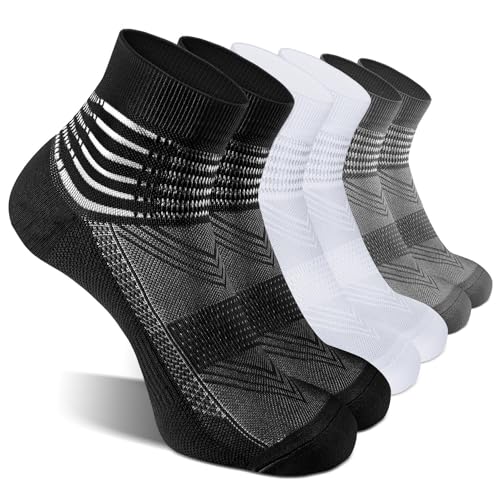 Compression Ankle Support Socks - Cushioned, Wicking, 3 Pairs - Black, White, Dark Grey