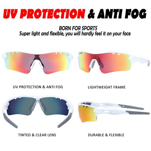 ITSCOOL Polarized Sports Sunglasses with 5 Interchangeable Lenses for Men Women Softball Baseball Running Cycling Glasses White Orange