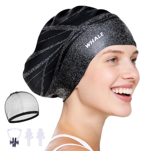 Whale Extra Large Black Swim Cap for Long Hair, Afro & Extensions – Waterproof & Comfortable