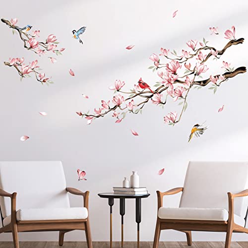 decalmile Magnolia Flowers Tree Branch Wall Decals Pink Floral Blossom Birds Wall Art Stickers Girls Bedroom Living Room TV Sofa Decor