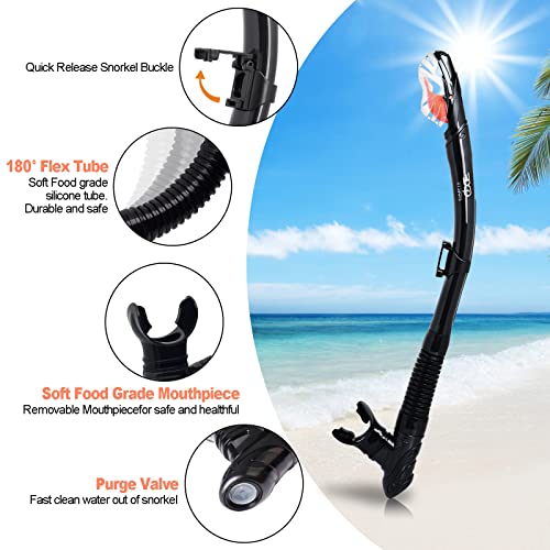 Adult Snorkel Set with 3 Window Mask & Dry Top Snorkel - Black