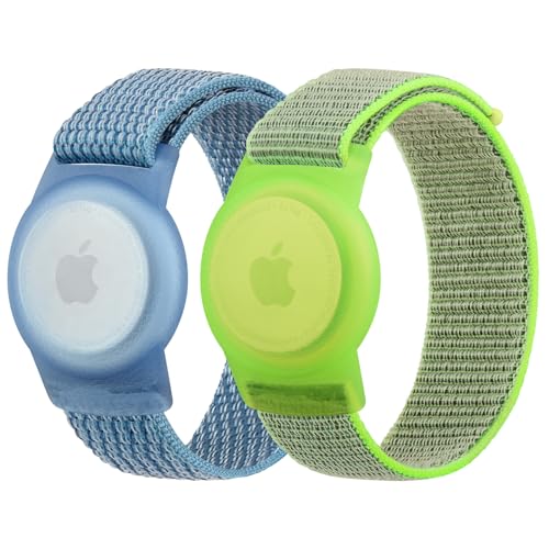 Adjustable Nylon AirTag Bracelet for Kids - Blue & Green, Large (5.1"-7.4")