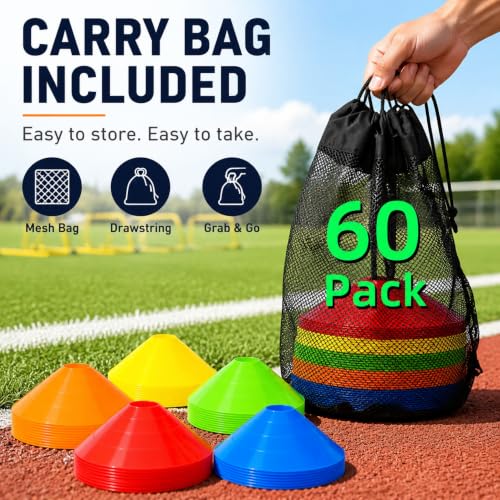 60 Pack Agile Soccer Cones with Portable Bags & Brackets
