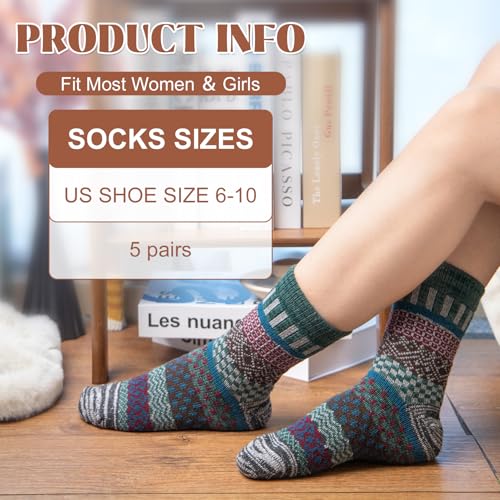 Wool Socks for Women - 5 Pairs in Green, Orange, Yellow, Brown, Grey, Blue