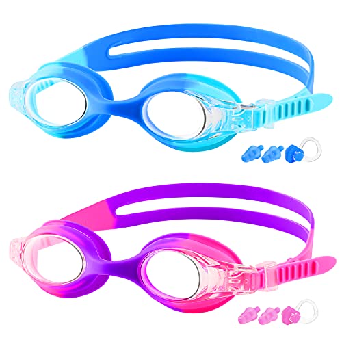 Kids Swim Goggles - 2 Pack No Leak Goggles for Ages 3-15 - Blue & Purple