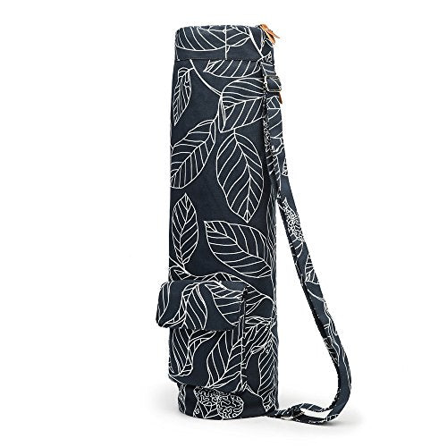 Yoga Mat Bag - Full-Zip Canvas Carrier with Pockets - Navy Blue Leaf