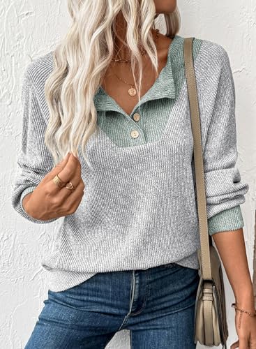 EVALESS Women's V-Neck Button Knit Sweatshirt - Light Grey, Medium Fall Top