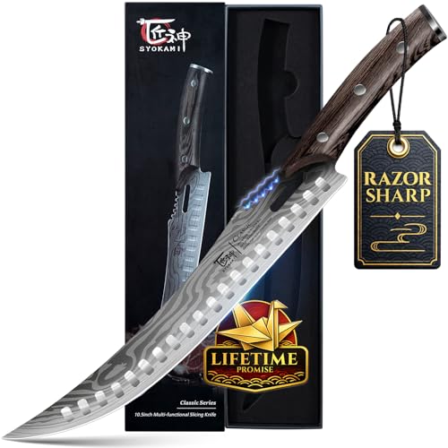 10.5 Inch Butcher Knife - Razor Sharp Damascus Carving Knife with Wooden Handle