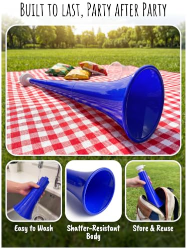 Loud Extendable Vuvuzela Horn - 24 Inch Blue Noise Maker - 4 Pack