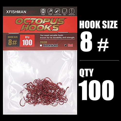 Octopus Circle Hooks - Size 8 Red - 100 Pack for Freshwater Fishing