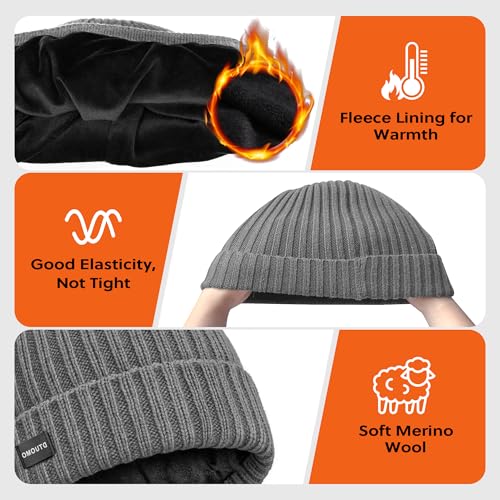 Winter Beanie Merino Wool Fleece Lined Knit Hat - Grey