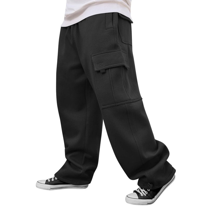 Men's Heavyweight Fleece Cargo Sweatpants Loose Fit Thick Wide Leg Sweats with Pockets(Black,XL)