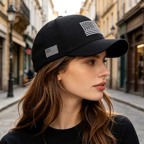 Patriotic USA Baseball Cap - Washed Mesh Sun Hat - Medium Black