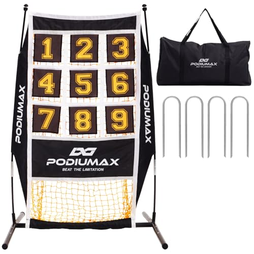 PodiuMax Yellow Baseball Pitching Net with 9 Hit Zones, 5 Height Adjustments – Solo Backyard Trainer