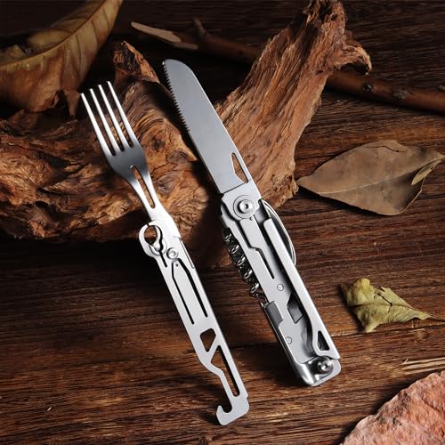 POXIMO 6-in-1 Portable Camping Utensils Set Stainless Steel Flatware Multi-tool