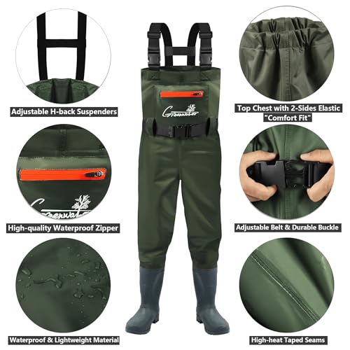 Kids Chest Waders with Boots - Green, 10-11 Years Waterproof Fishing Gear